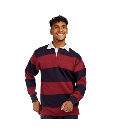 Mens Stripe Sewn Rugby Polo Shirt Burgundy Navy Front Row