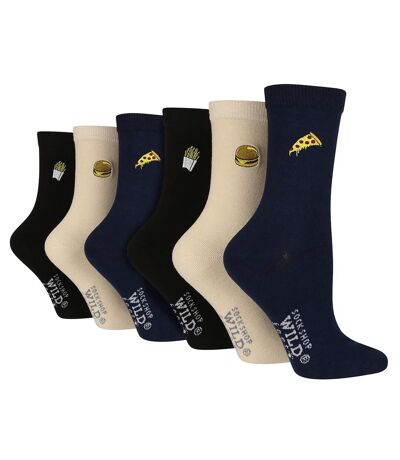 6 Pairs Ladies Multipack Black Novelty Socks: Embroidered Crew Cotton Socks