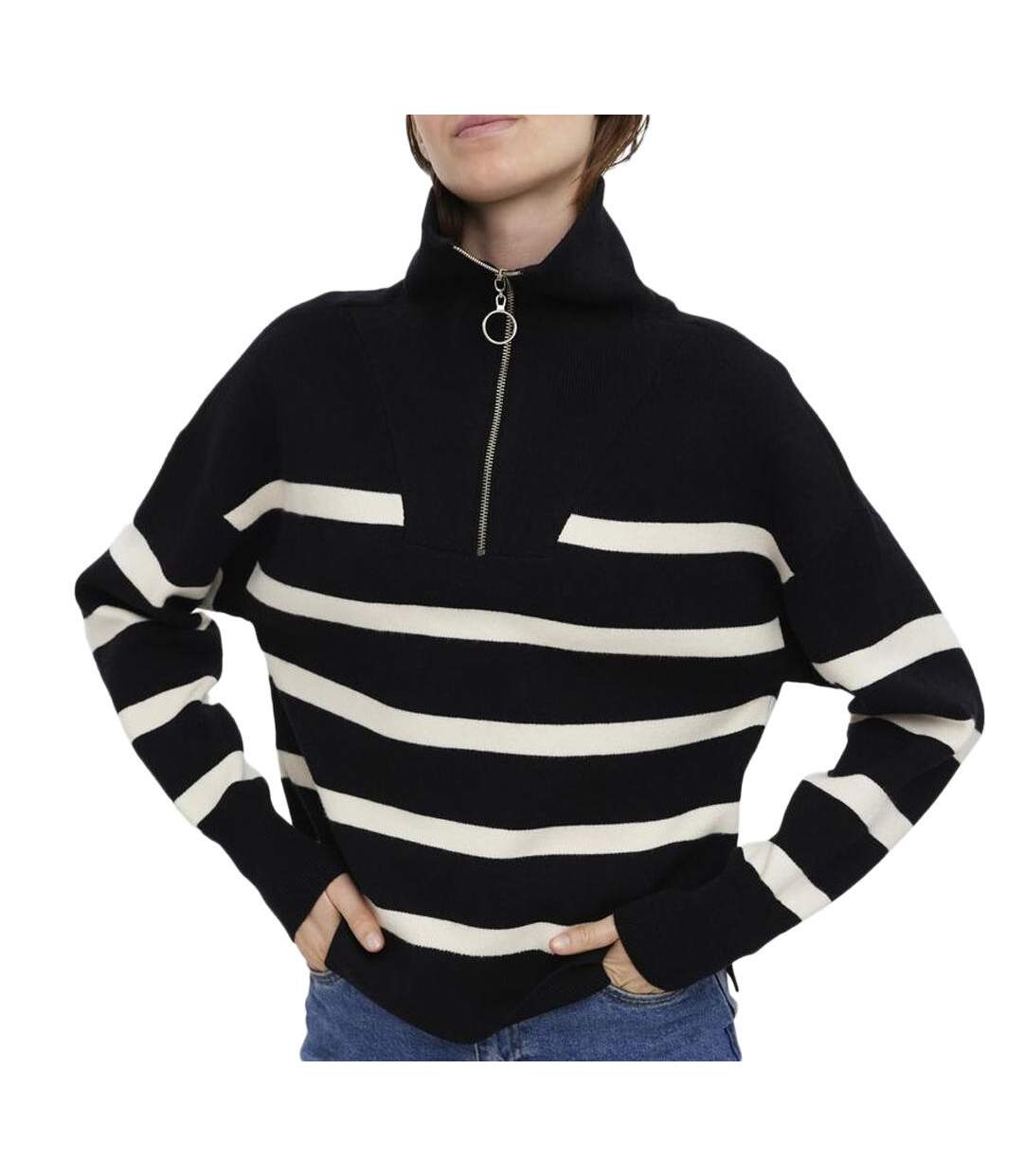 Pull noir/beige femme vero moda saba - l-1
