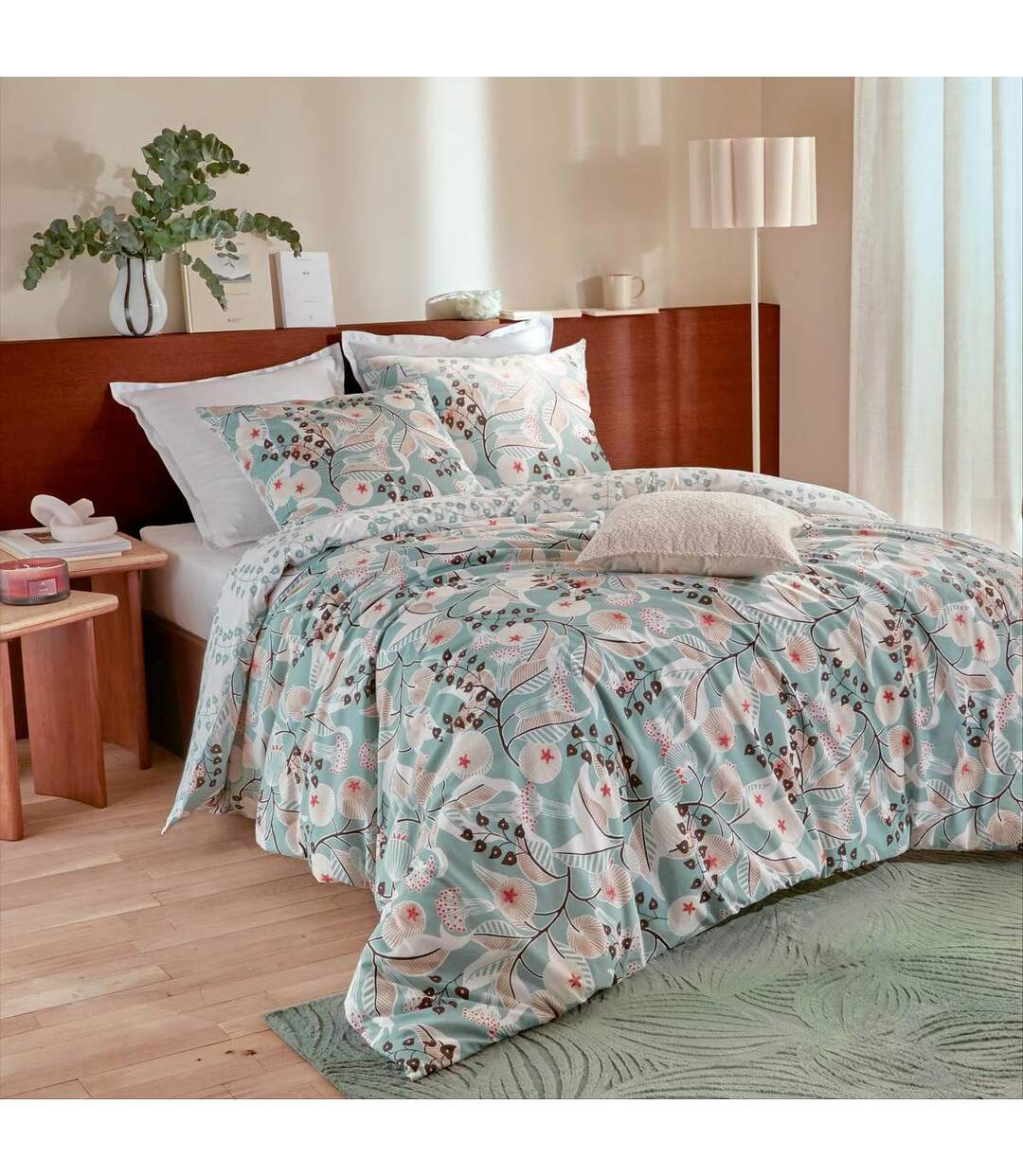 Parure de Lit 3 Pièces Végétal Marin 240x220cm Vert Céladon-1