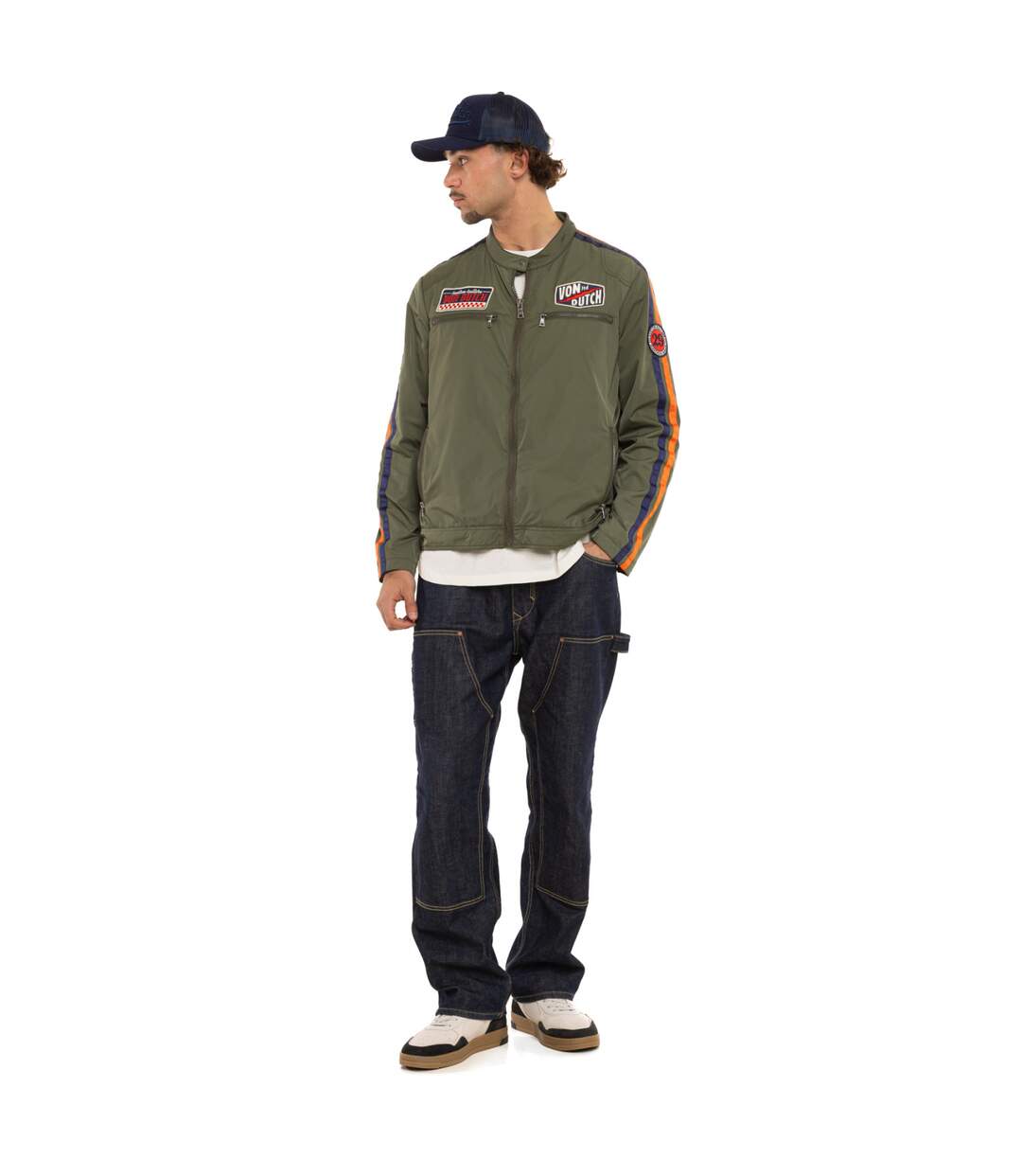 Veste zippée homme de moto en polyester avec patchs Oil Vondutch-3