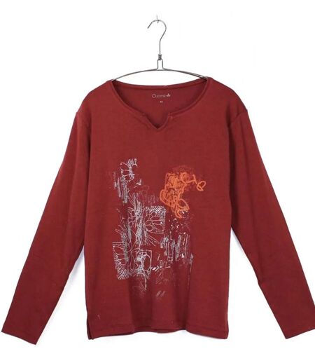 AXONE CHALON2B - Tee-shirt bordeaux manches longues col V avec imprimé devant et bas fendu