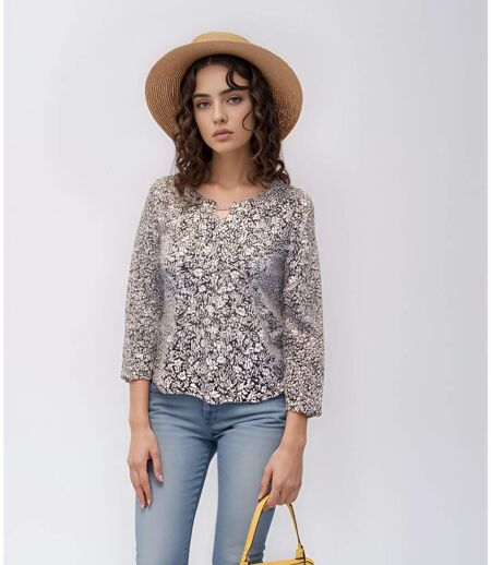 Blouse femme imprimée manches longues - Col rond - Multicouleur