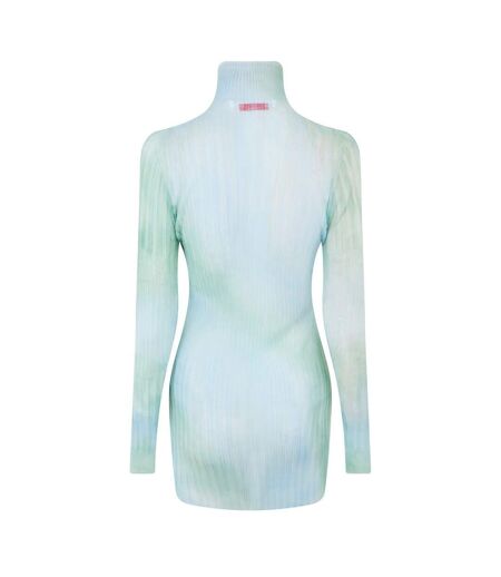Robe Courte Manches Longues Motif/style Tie-dye Femme Bleu Clair Off White