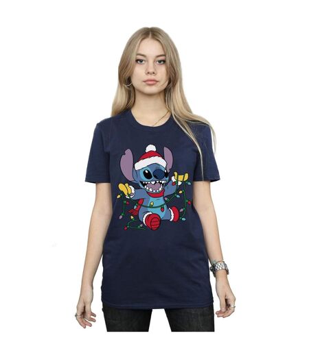 Disney Womens/Ladies Lilo And Stitch Christmas Lights Cotton Boyfriend T-Shirt (Bleu marine) - UTBI29673
