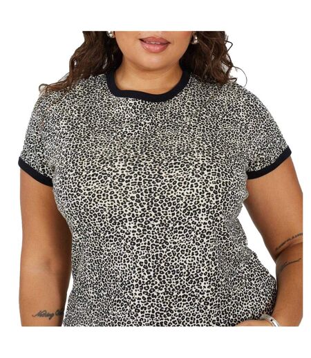 Womens/ladies Leopard Print Cropped Plus T-shirt Leopard Black Brave Soul