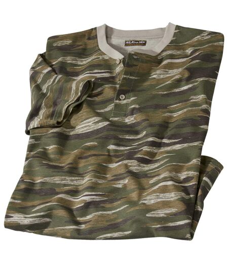 Men's Button-Neck Camouflage Print T-Shirt