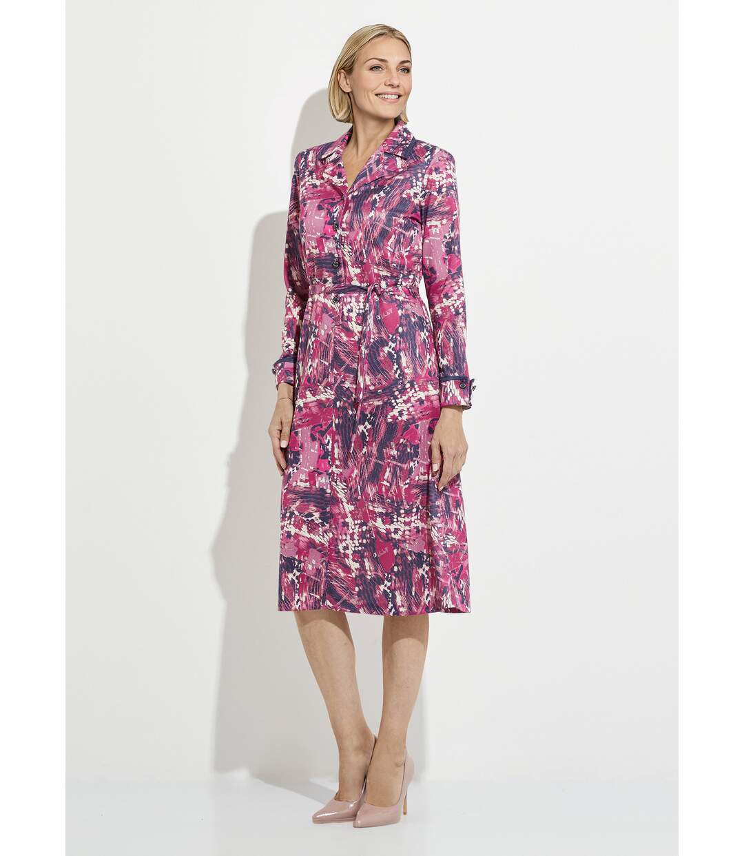 Robe boutonnée col tailleur mi longue imprimée-1