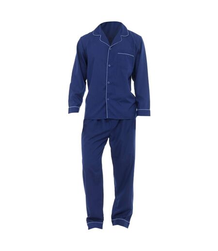 Mens Plain Long Sleeve Shirt & Trouser Bottoms Nightwear Pajama Set (Navy)