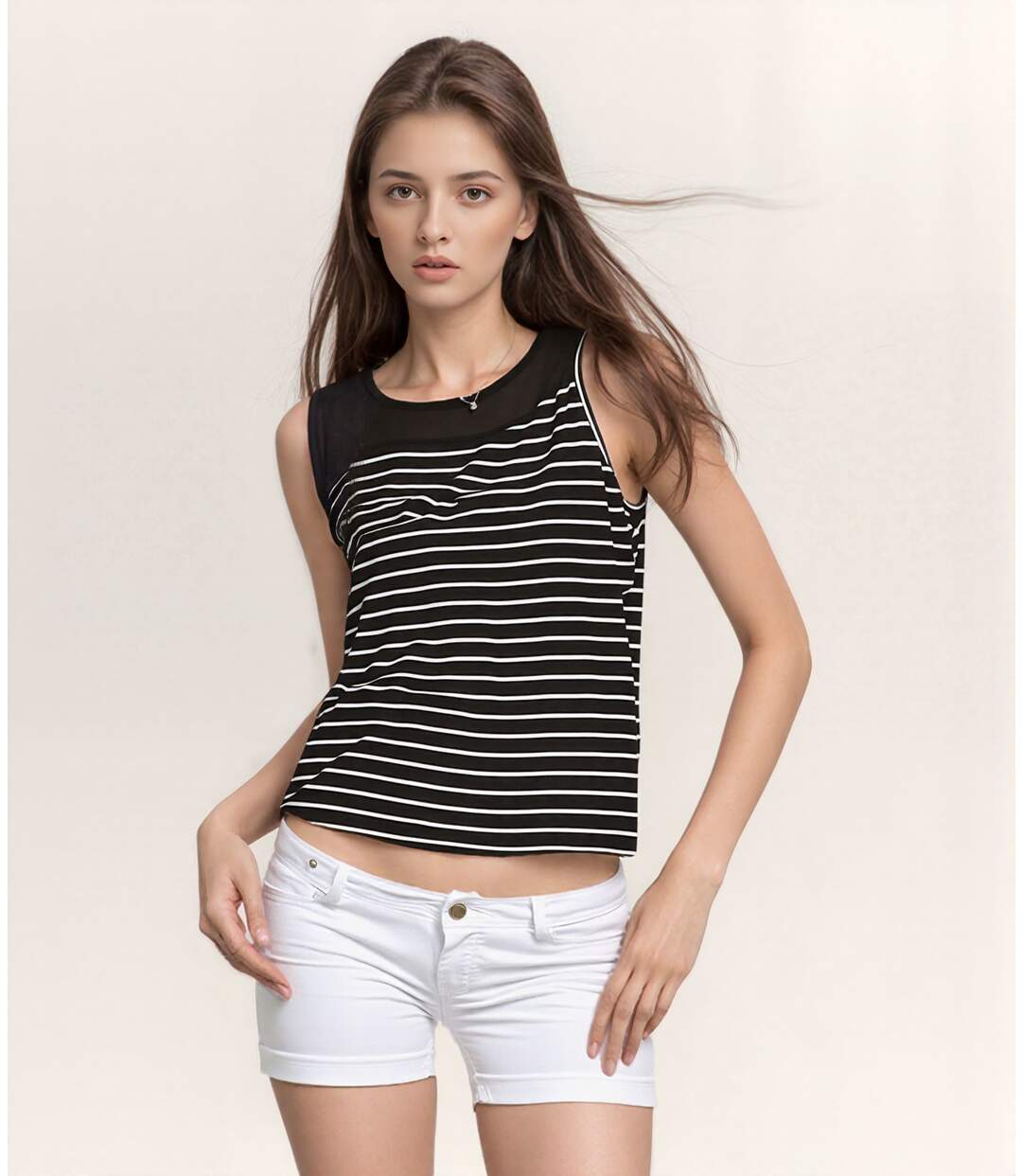 Tee-shirt Femme Sans Manches Rayé Bleu, Coupe Ajustée, Col Rond, Zip au Dos, Design élégant-4