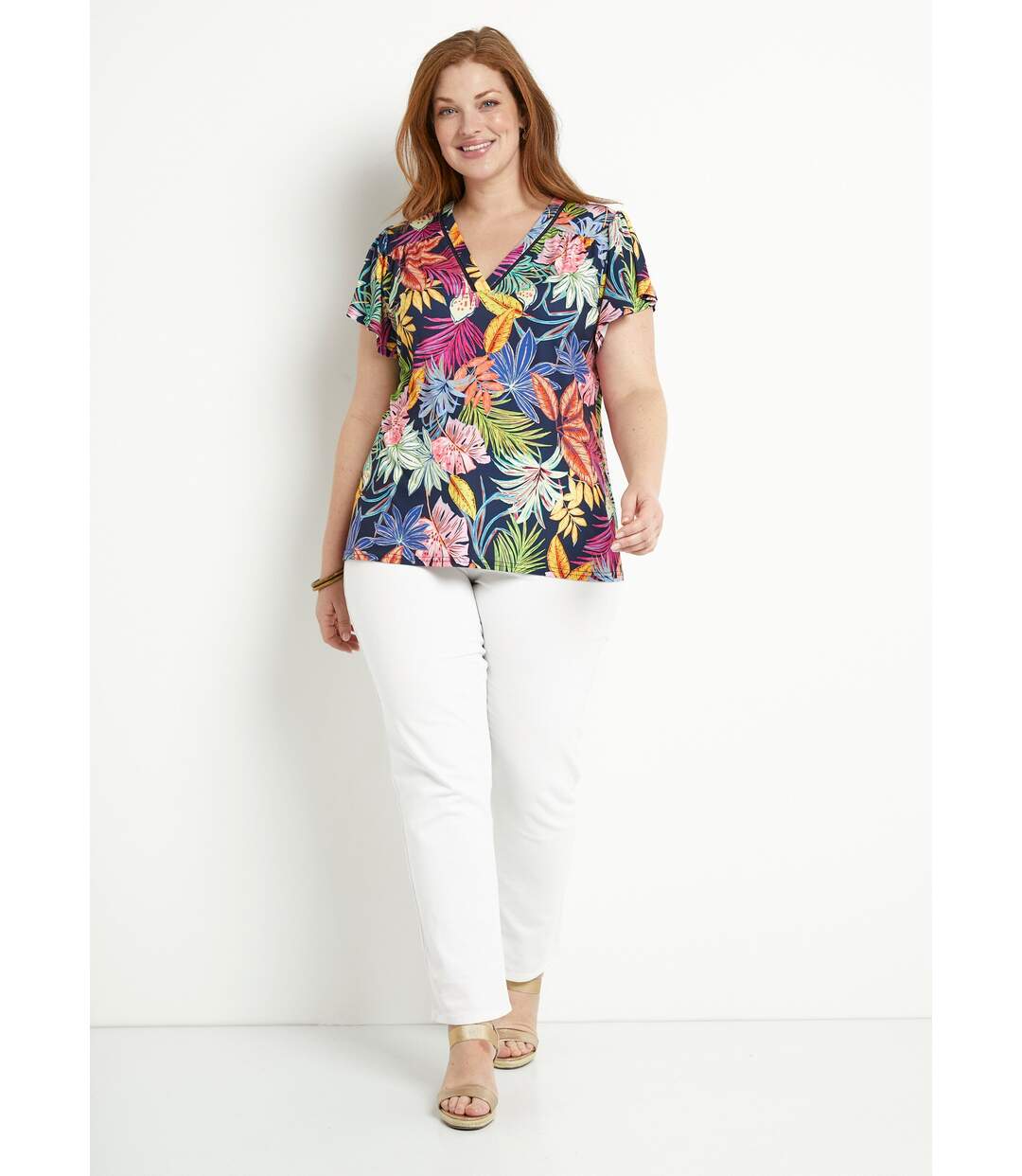 T-shirt ample col V imprimé feuilles manches courtes-3