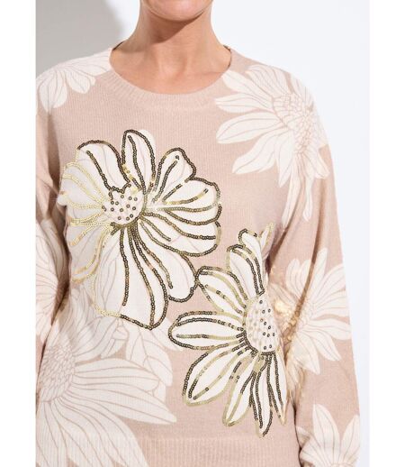 Pull fin imprimé fleurs sequins col rond