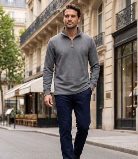 WINCHESTER CAMPO2G — Sweat col montant zippé gris : douceur 100 % coton