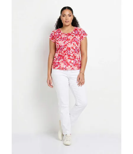 T-shirt manches courtes imprimé feuillage col rond