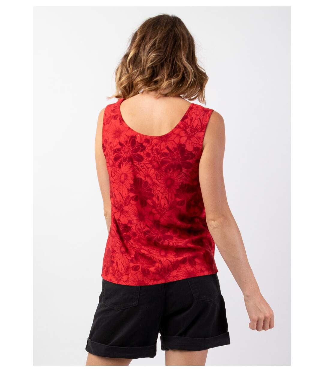 Top femme sans manches IVANOE rouge fleuri Coton Du Monde-4