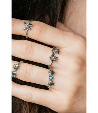 4 Piece Stackable Bohemian Starfish Turtle Beach Midi Retro Rings