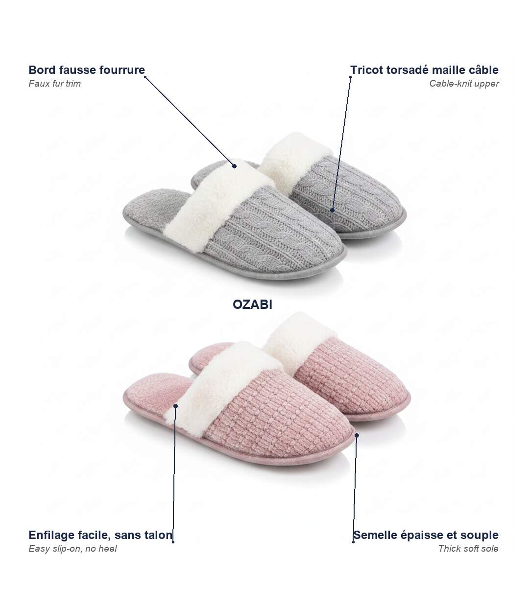 OZABI Pack 2 Paires Mules Femme Tricot Torsadé Bord Fausse Fourrure-5