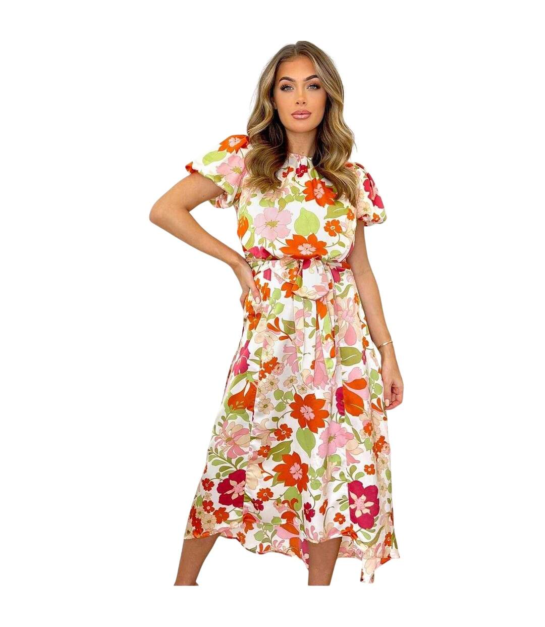 Robe Mi-longue Manches Bouffantes Motif/style Floral Femme Crème AX Paris-2