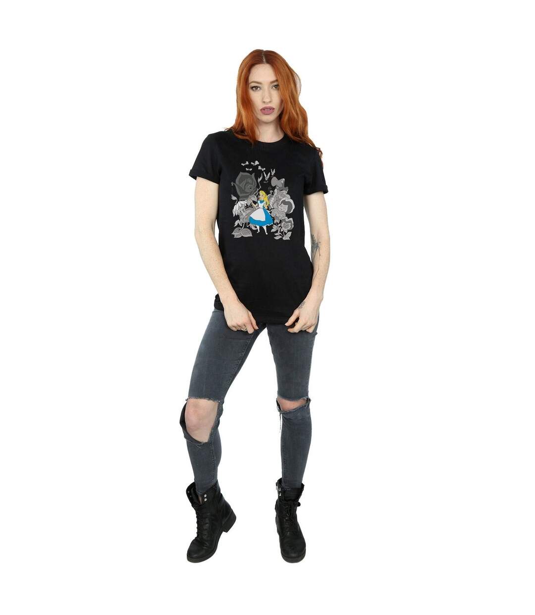 Disney Womens/Ladies Alice In Wonderland Flowers Cotton Boyfriend T-Shirt (Noir) - UTBI8370-4