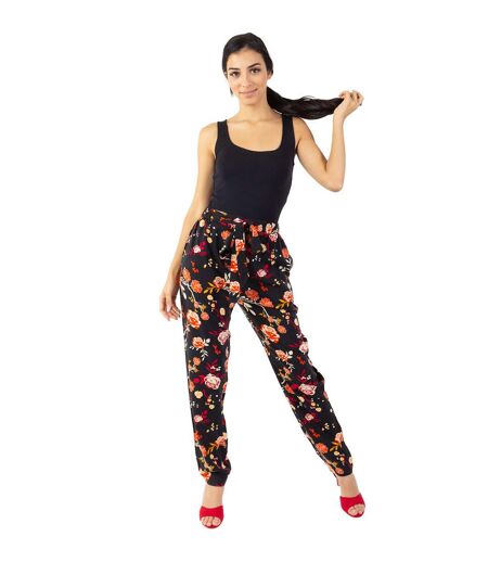 Pantalon casual CHARLY imprimé fleuri noir Coton Du Monde