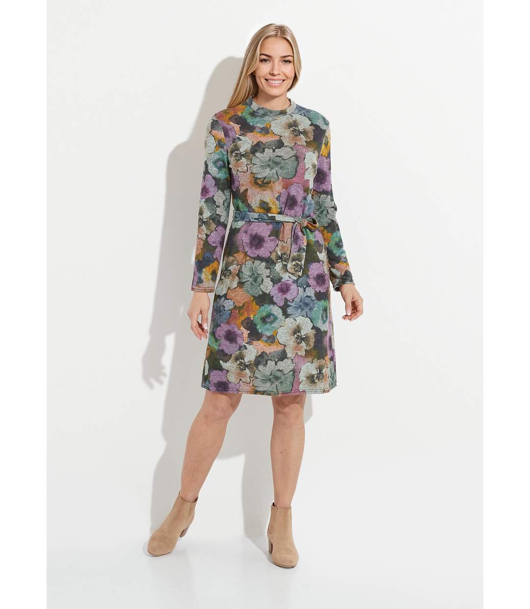 Robe fleurie ceinturée col montant chaude-1
