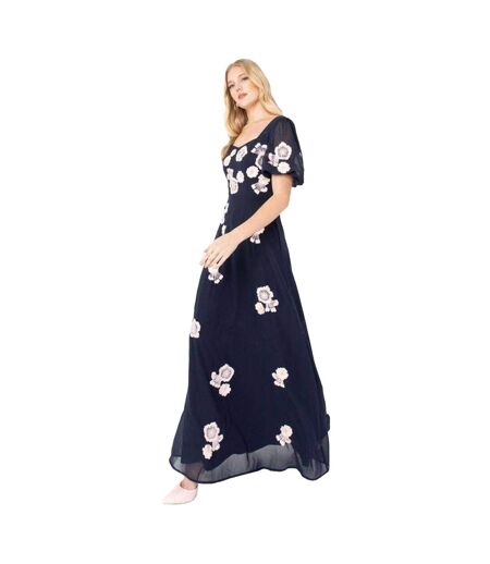 Robe Longue Manches Bouffantes Motif/style Broderie Florale Femme Bleu Marine Maya Deluxe