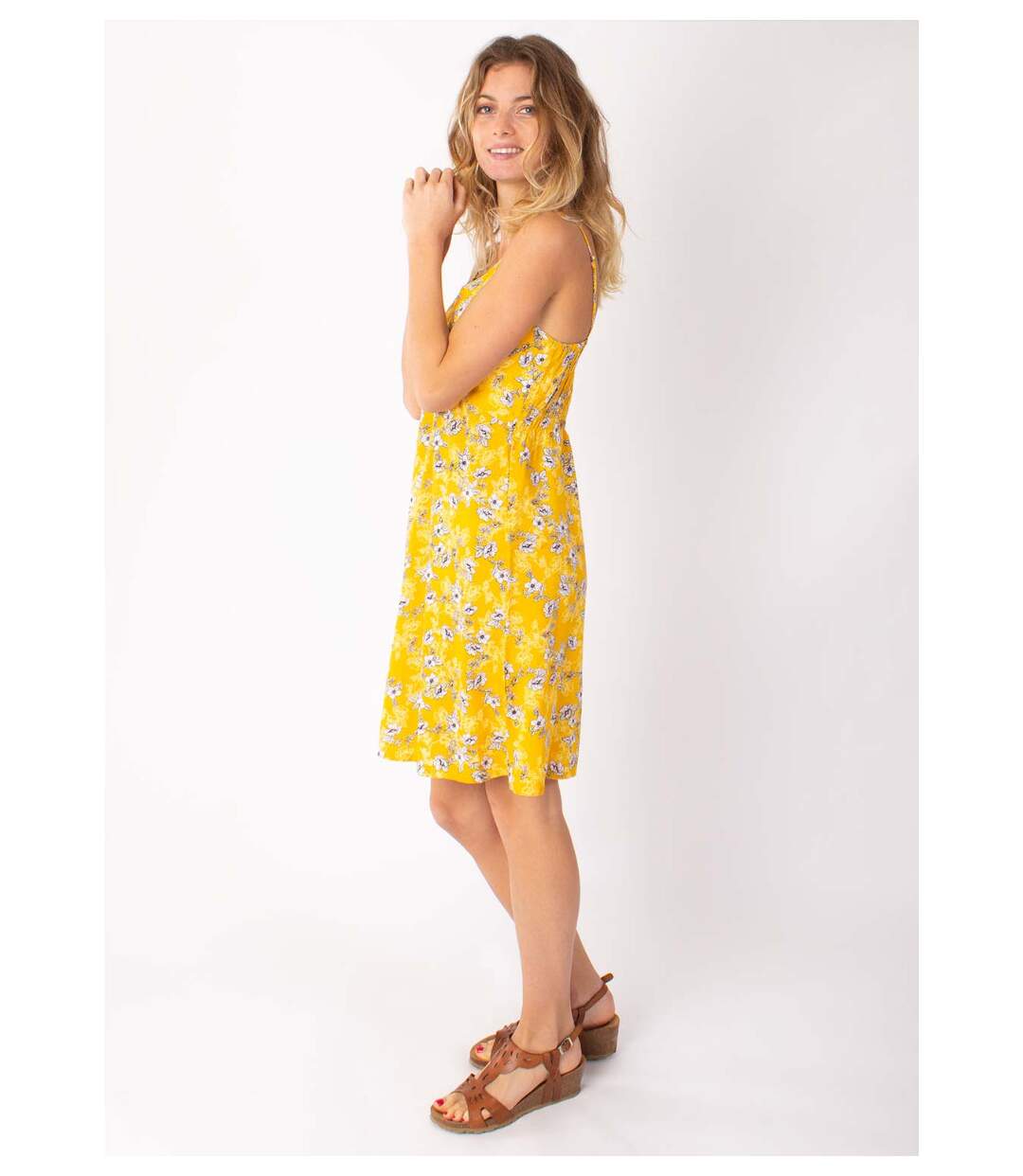 Robe courte fines bretelles BEA fleurie jaune Coton Du Monde-3