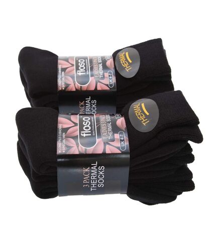 FLOSO Ladies/Womens Premium Quality Multipack Thermal Socks, Double Brushed Inside (Pack Of 6) (Black) - UTW142