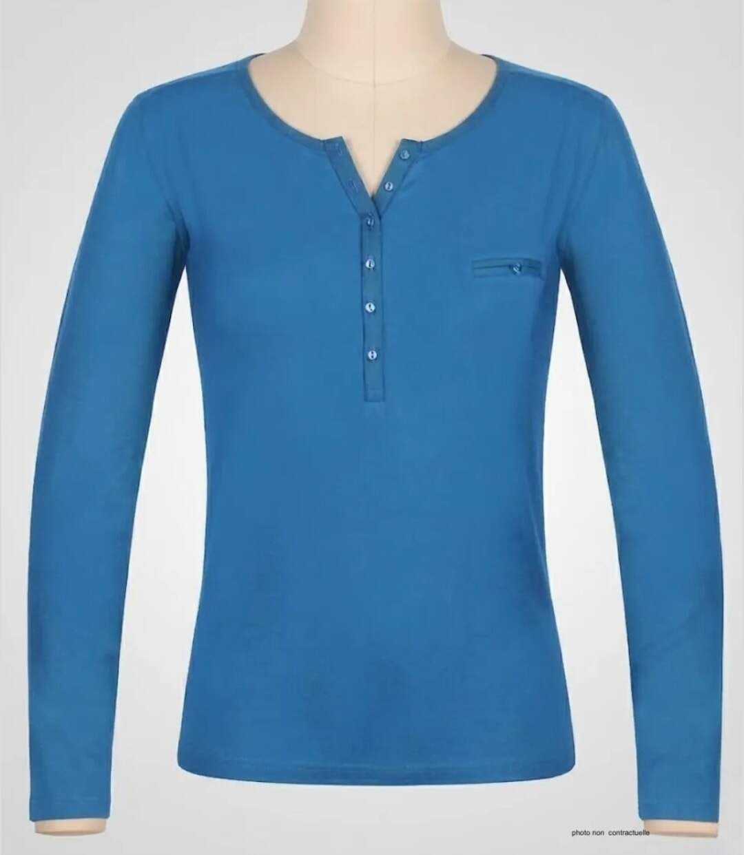 MAYFLOWER NOVICE2 – Tee-shirt manches longues bleu col tunisien satin pour un style chic et fluide-3