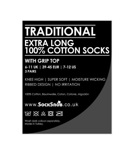 3 Pack Mens Long Knee High Lightweight 100% Cotton Soft Breathable Socks