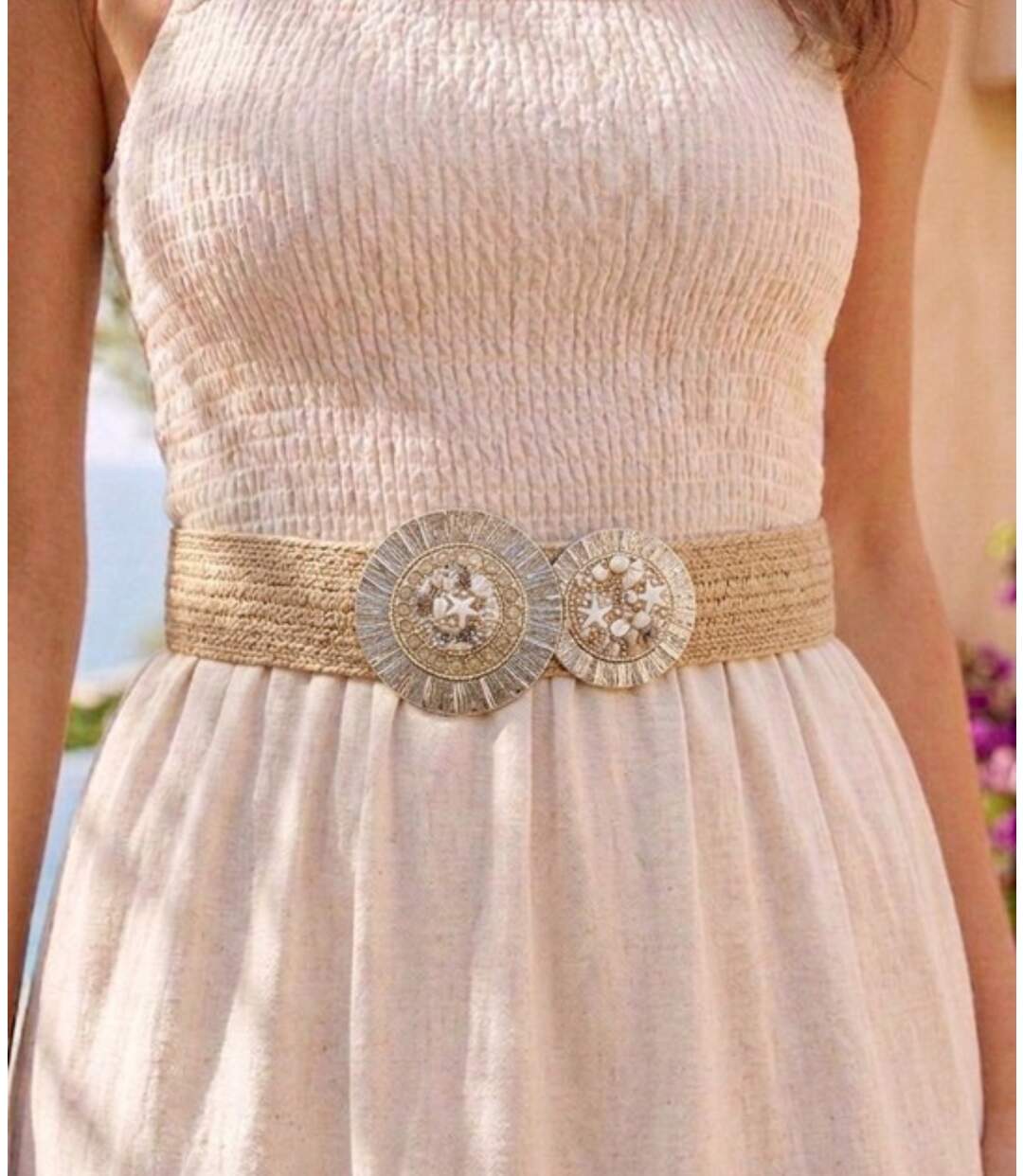 Ceinture Femme élastique Taupe - Boucle Dorée & Coquillage - Taille Unique-4
