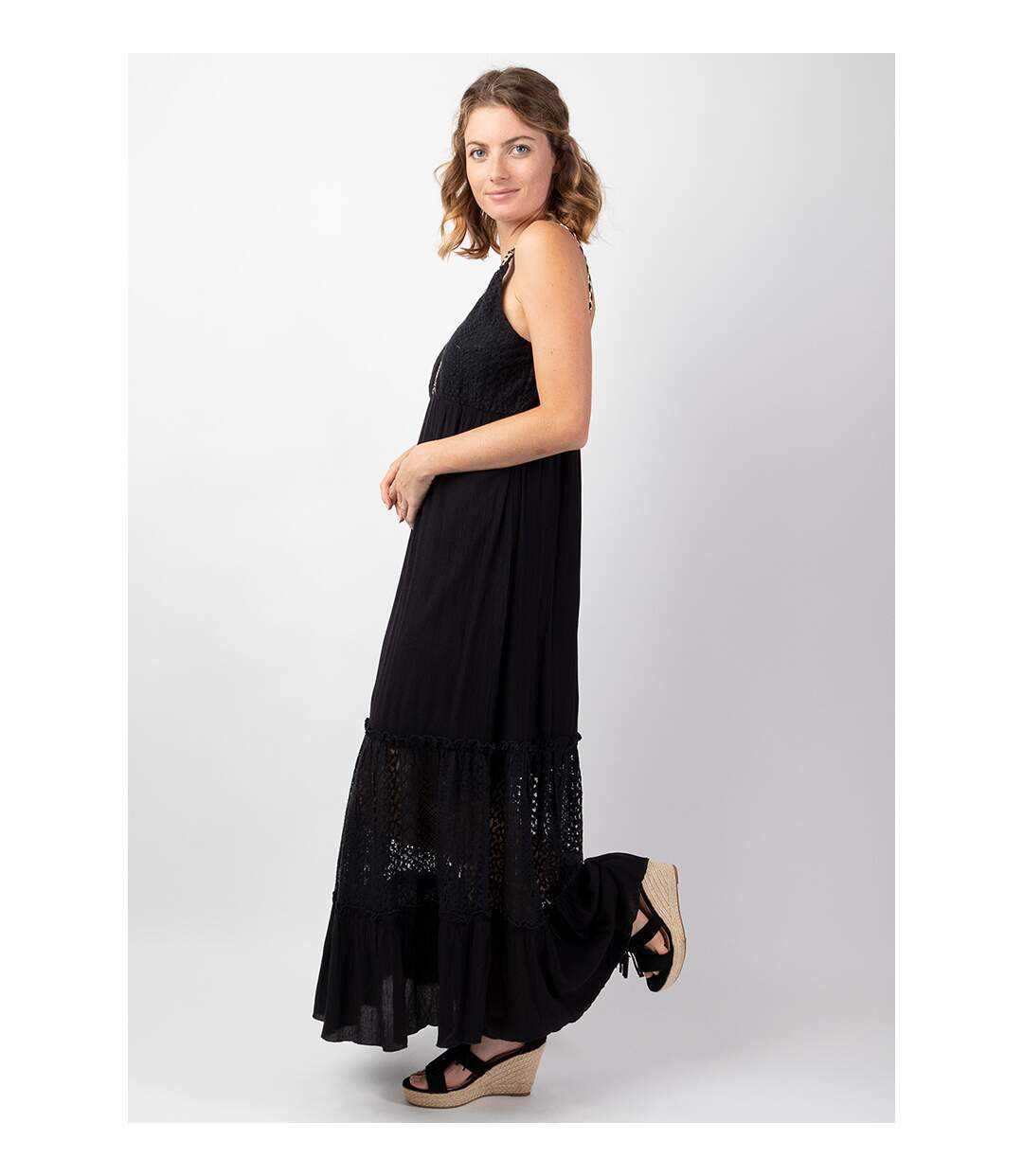 Robe longue bohème chic tendance TIARA noire Coton Du Monde