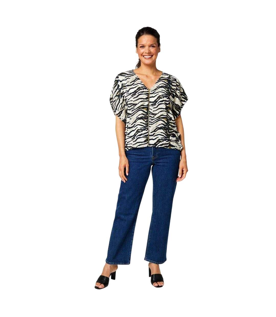 Womens/ladies Zebra Print Zip Front Top Black White Biba-4