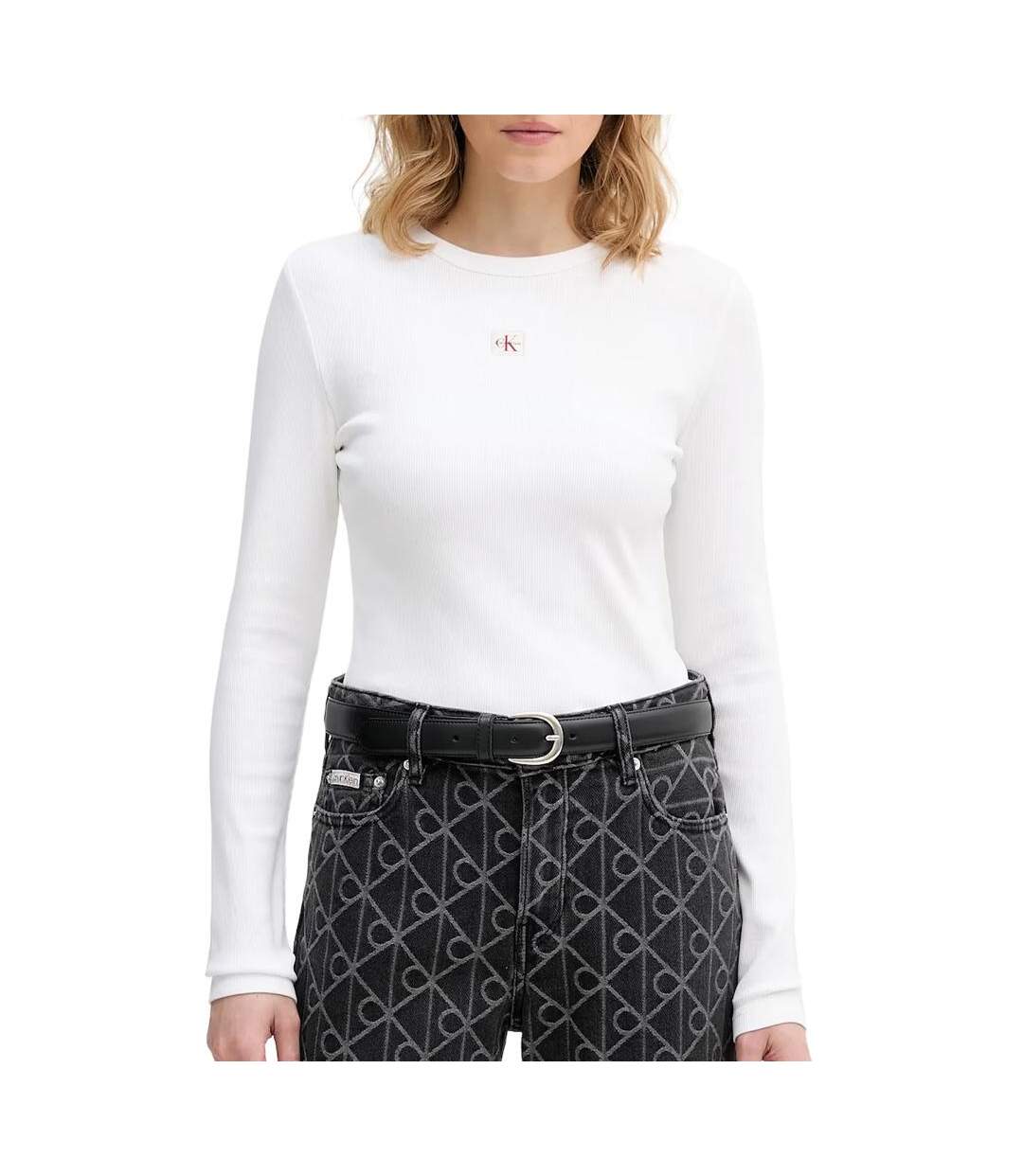 T-Shirt manches longues blanc femme calvin klein jeans label-1