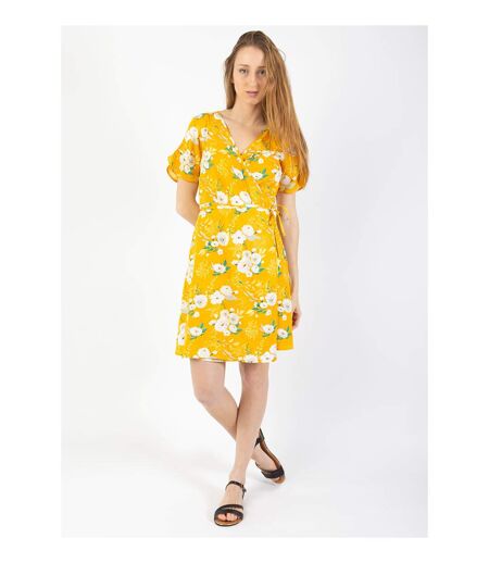 Robe courte cache cœur manches froncées LOUNA imprimé fleuri jaune Coton Du Monde