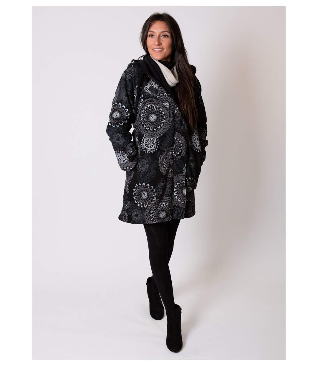 Manteau veste polaire LASTO ethnique gris Coton Du Monde