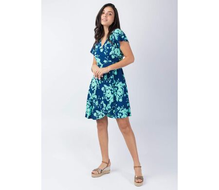 Robe courte légère cache-cœur MARIKA motif bleu turquoise Coton Du Monde