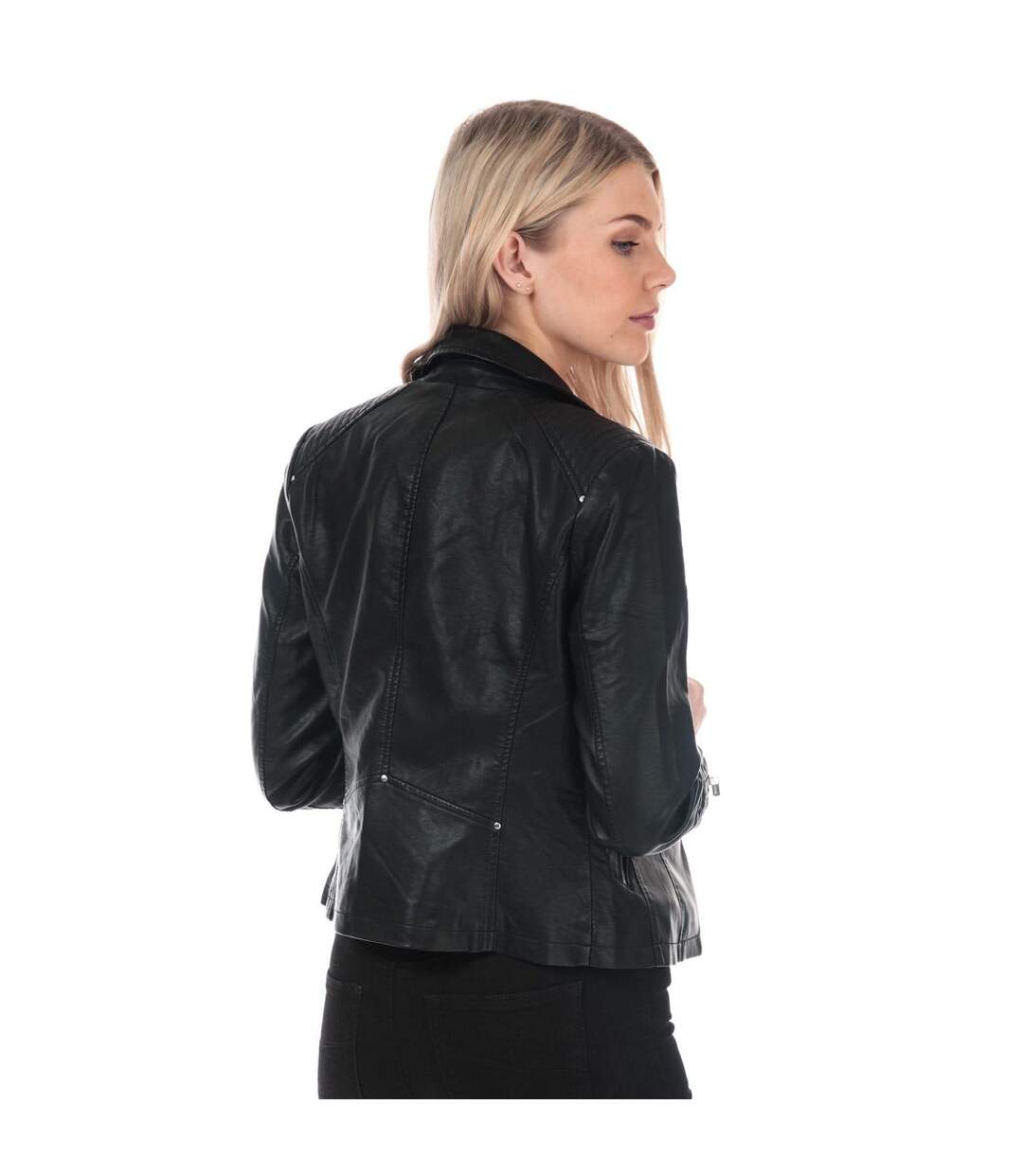 Womens/ladies Gemma Faux Leather Biker Jacket Black Only-2