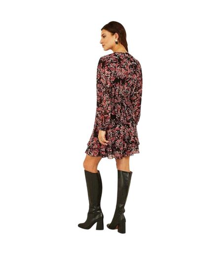 Womens/ladies Blossom V Neck Skater Dress Black Multicoloured Mela London