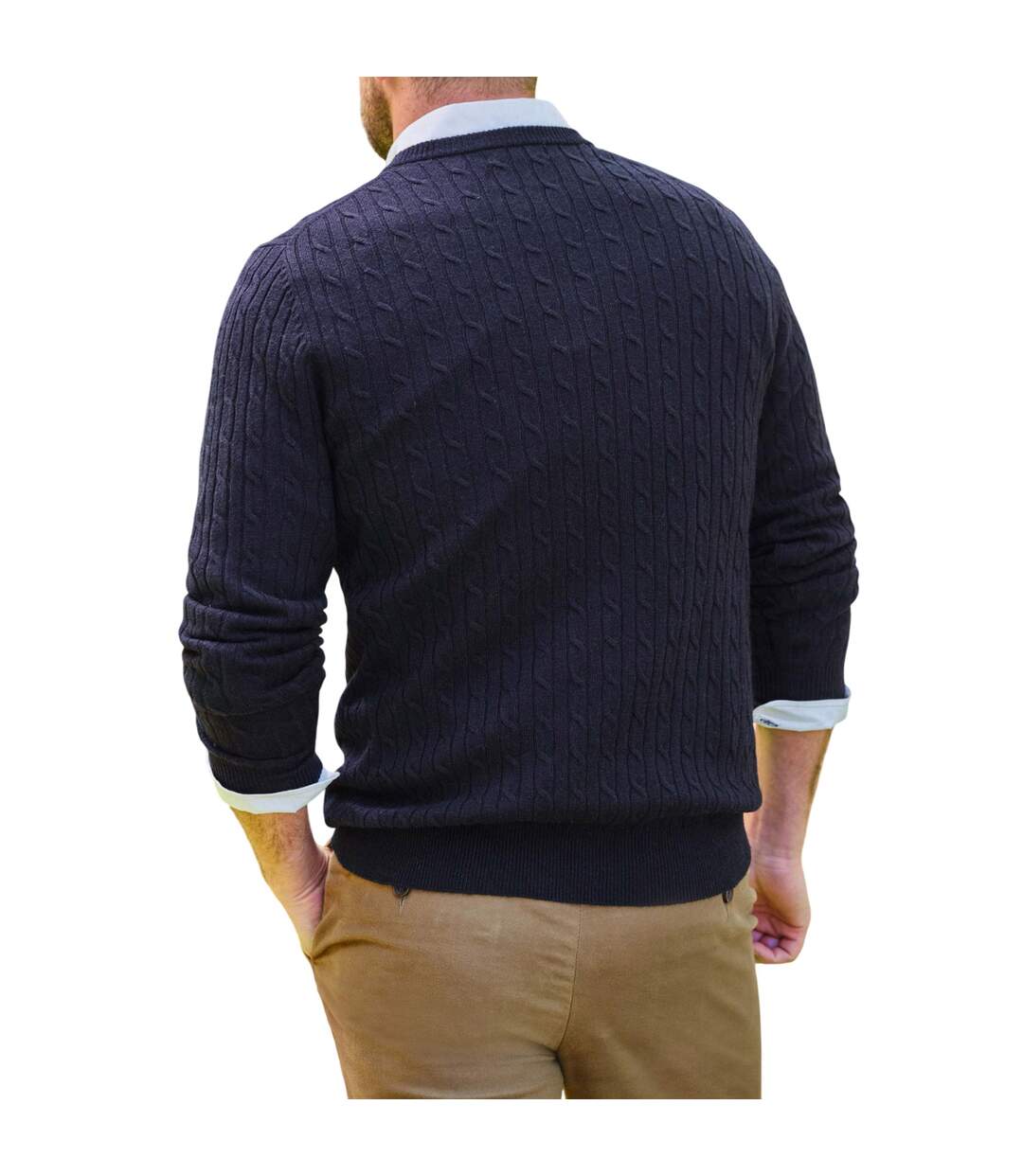 Mens Cable Knit Cashmere Merino Crew Neck Jumper Navy WoolOvers-2