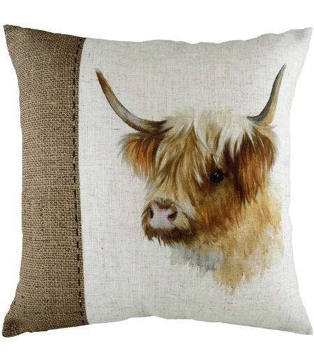 Evans Lichfield Hessian Highland Cow Cushion Cover (White/Brown/Orange)
