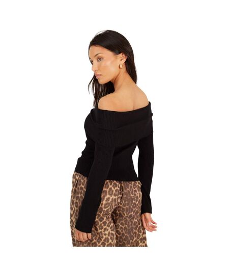Womens/ladies Ribbed Bardot Jumper Black Brave Soul