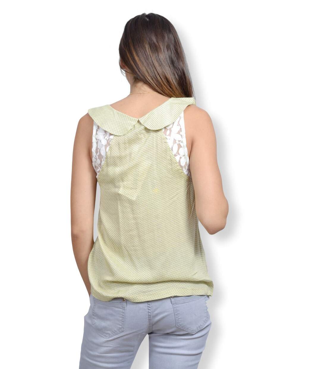 Chemise femme sans manche motifs imprimés de couleur jaune-2