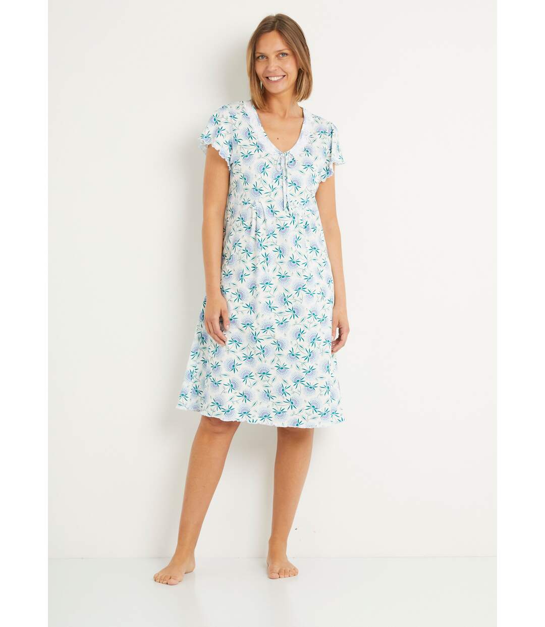 Chemise de nuit coton fleuri dentelle mi longue-1