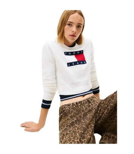 Womens/ladies Jeans Ribbed Sweater Top Antique White Tommy Jeans