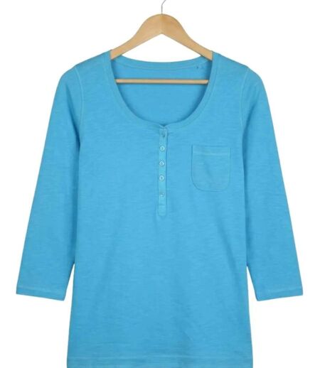 MAYFLOWER DIMITRI1 - Tee-shirt manches 3/4 bleu : maille flammée et confort pur coton