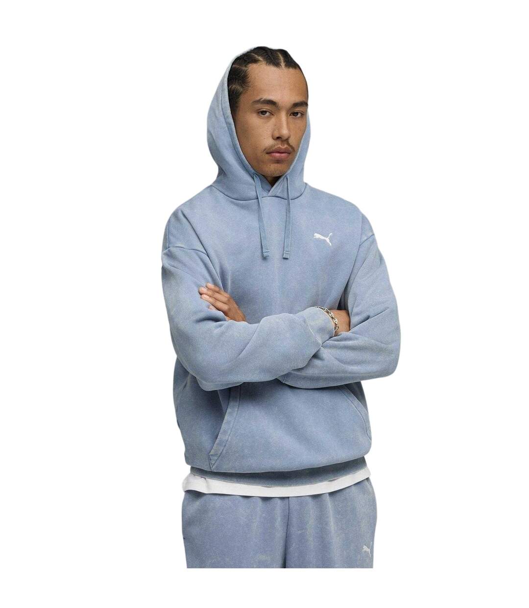 Mens Elevated Acid Wash Relaxed Fit Hoodie Cool Blue Puma-4