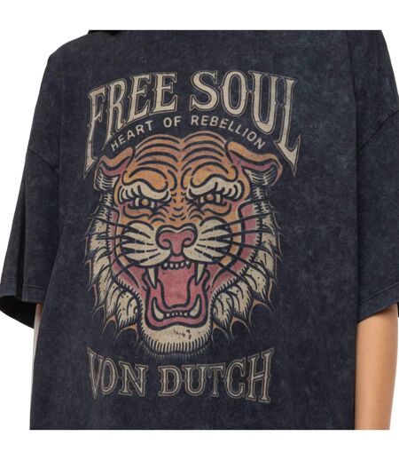 T-shirt femme oversize col rond acid wash print devant et dos Tiger Vondutch