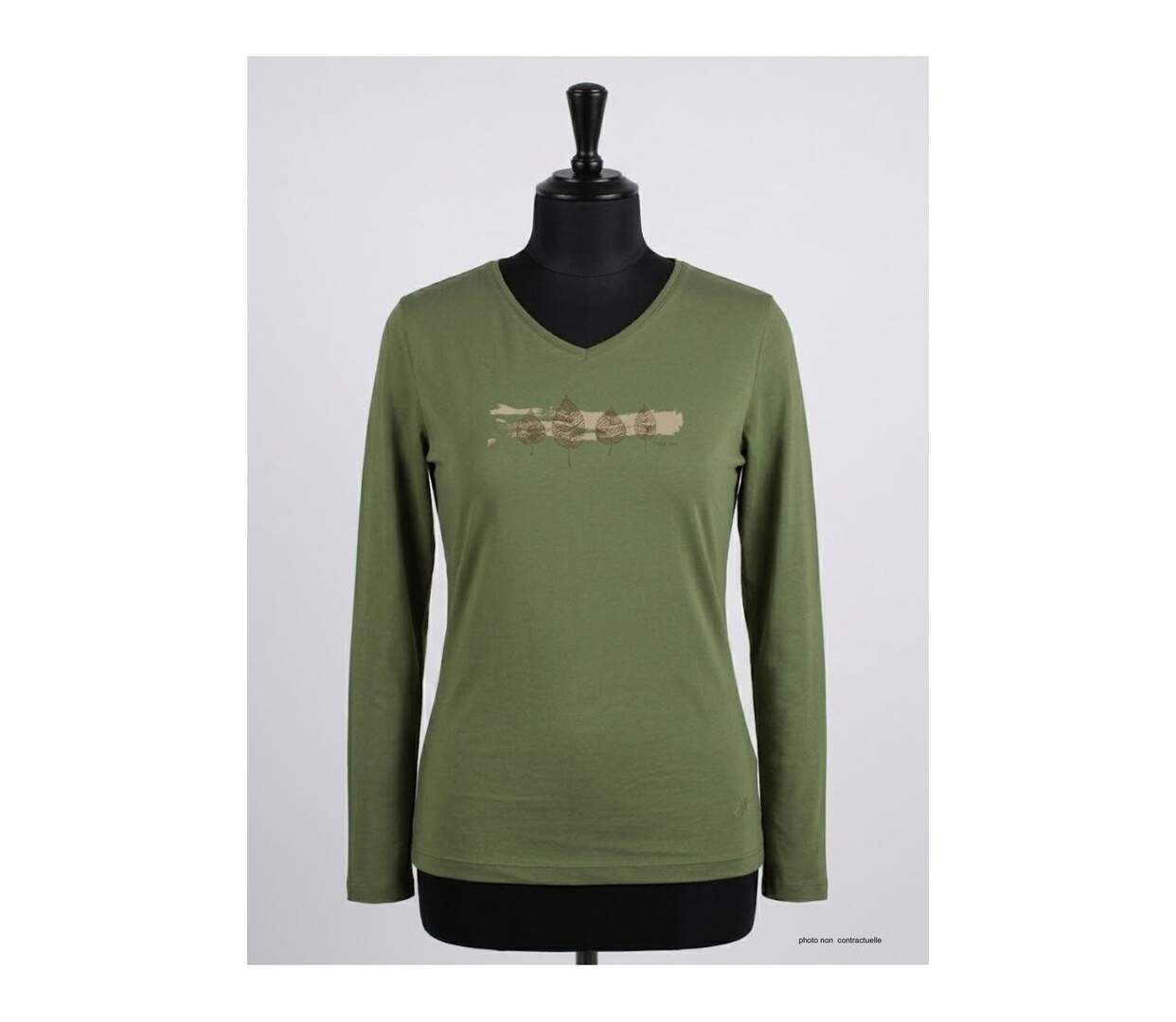 Mayflower NERVAL4 : Tee-shirt femme manches longues vert olive avec petit col V-3