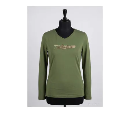 Mayflower NERVAL4 : Tee-shirt femme manches longues vert olive avec petit col V